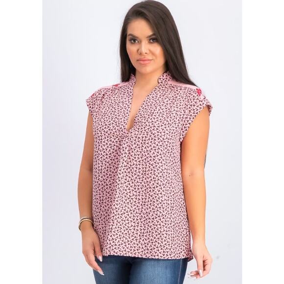 Draper James Cuff Sleeve V Neck Blouse Pink Floral Womens Small - Picture 1 of 7
